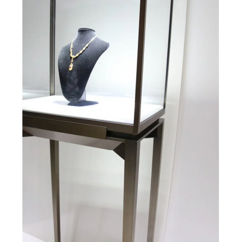 Custom, high end gold stainless steel jewelry display glass display cabinet luxury jewelry showcase display