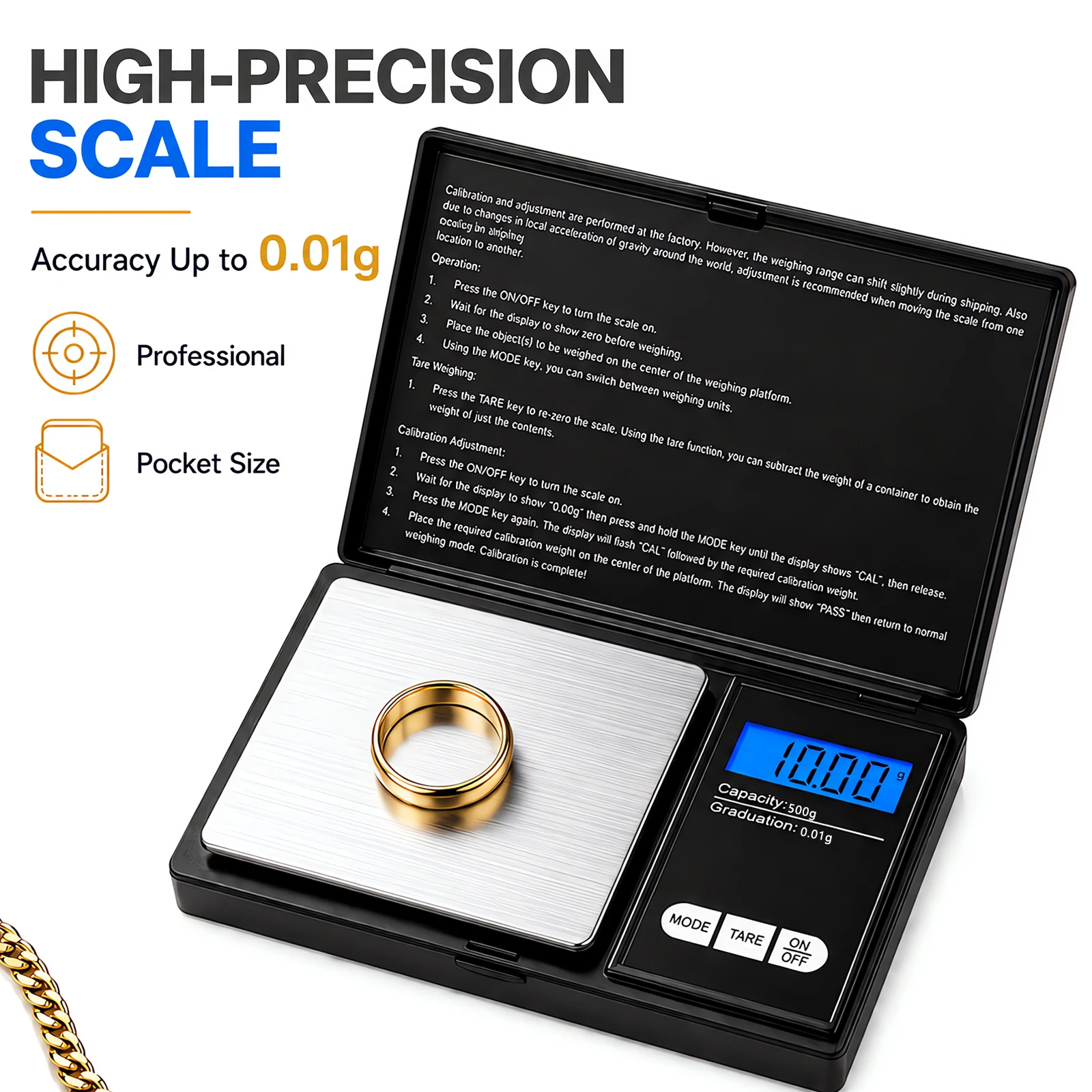 0.01g Precision Digital Jewelry Scale Mini Pocket Electronic Scale for Gold Silver Kitchen Outdoor Weighing Tool