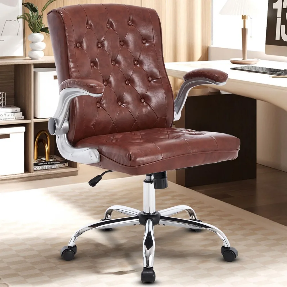 

Modern Leather Office Chair, Mid-Back Ergonomic Executive Desk Chair, Cross Chair with Flip Up Arm, Mid Century Swivel Rocking