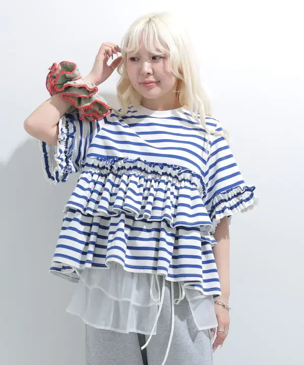Striped Tees Crew Neck Short Sleeved T-shirt with Ruffled Edges Casual Loose Tshirt Fashion Japanese Style Summer Women's Tops