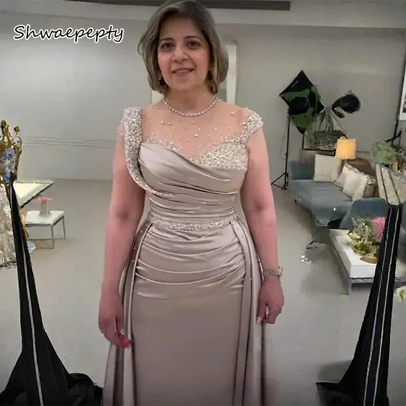 Champagne elegante vestido longo formal com trem destacável, frisada Sheer, ilusão pescoço, cetim reto, festa de casamento