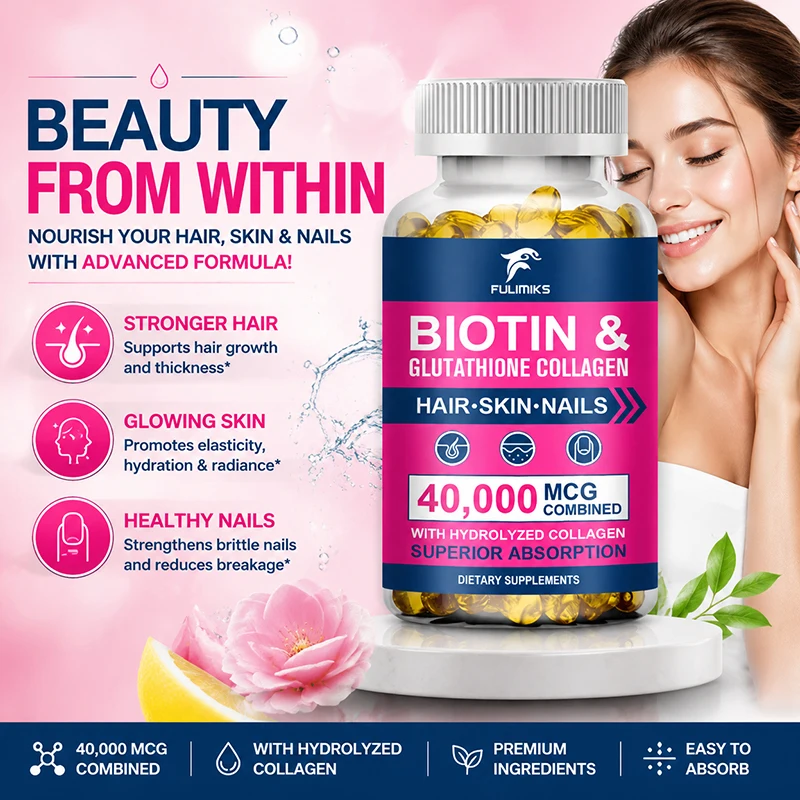 FULIMIKS Hair Skin Nails Supplement, with Biotin, Collagen & Hyaluronic Acid, Enhances Skin Hydration, Hair Growth & Nail Health