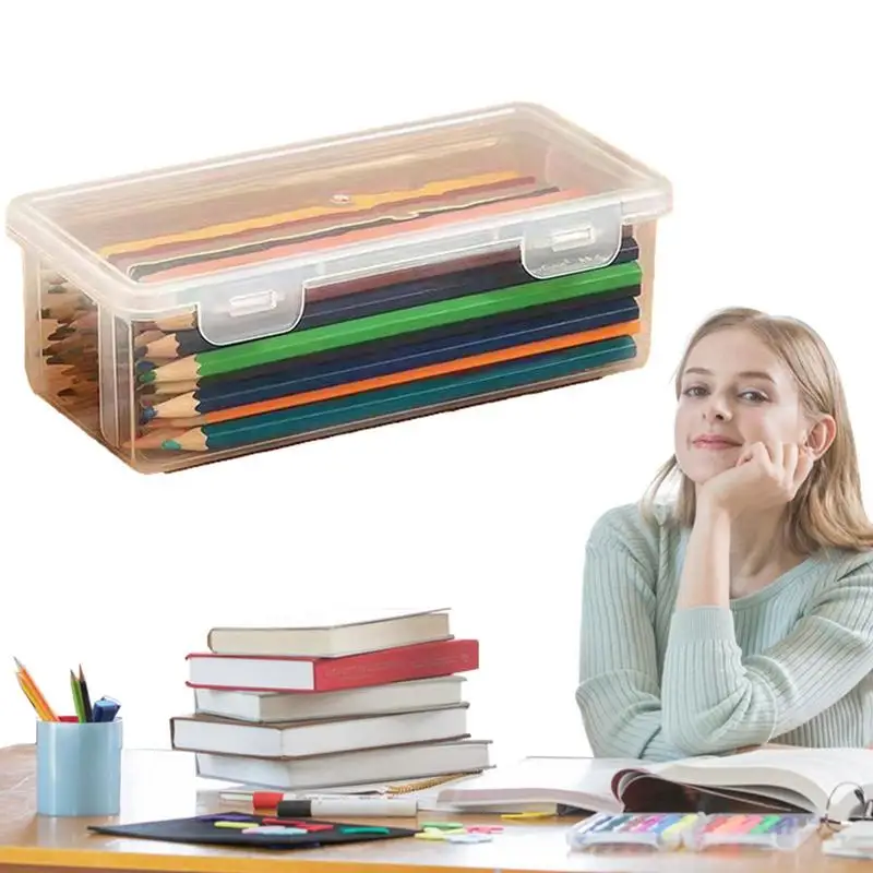 Plastic Transparent Pencil Case Stationery Box Large Capacity Stackable Design Sketch Art Student Simple Pencil Box for School