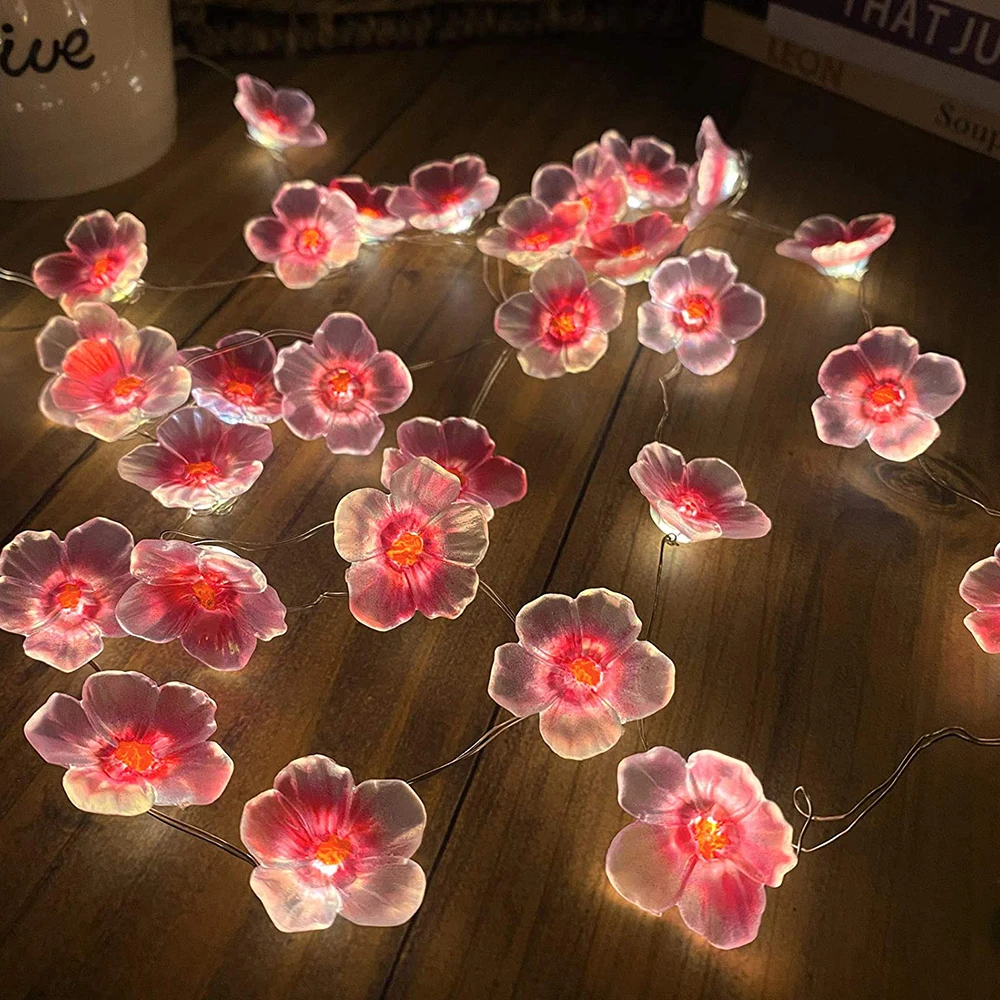 TIKLEE 30LEDS Cherry Blossom Fairy String Lights Pink Flower String Lamps Battery Power For Outdoor Christmas Garland Decoration