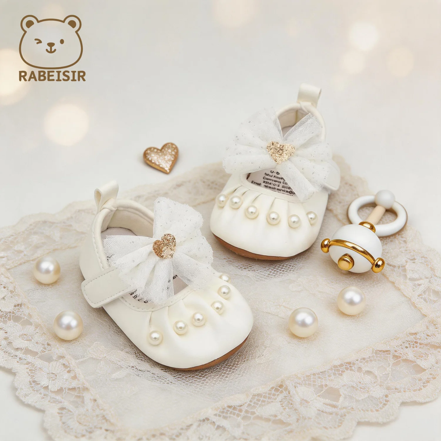 Baby Girl Princess-Style Mary Jane Shoes with Ruffled Toe, Faux Pearl Mesh Bow Accessories, Velcro Soft-Soled Baby Walking Shoes