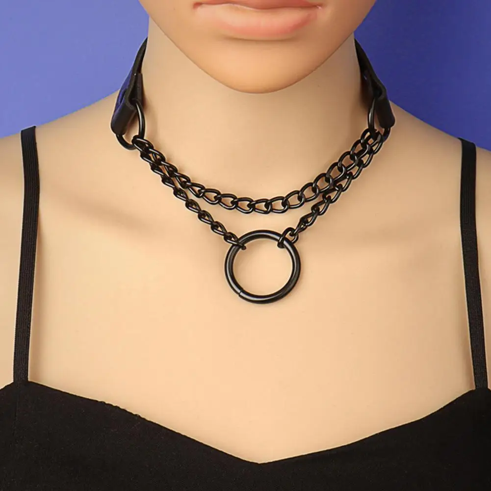 Metal O-ring Choker Faux Leather Choker Necklace with Adjustable Metal O-ring Punk Emo Chain Collar Jewelry for Women Men