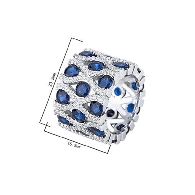 Luxury High Quality Silver Color Artificial Sapphire/Ruby 16mm Wide Rings for Women Retro Banquet Party Jewelry Anniversary Gift