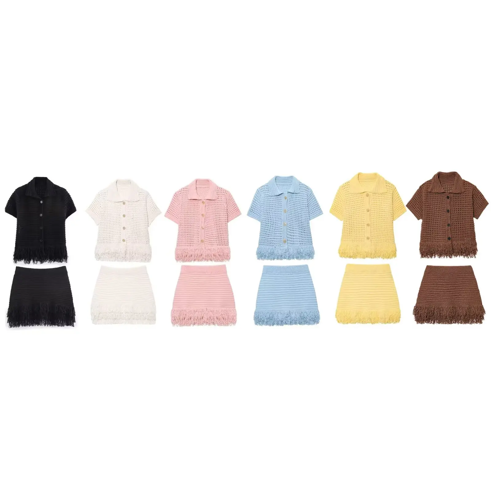 

Women's new fashion tassel decoration short plaid knitted coat retro short sleeved Button-up women's coat chic top+Skirts suit