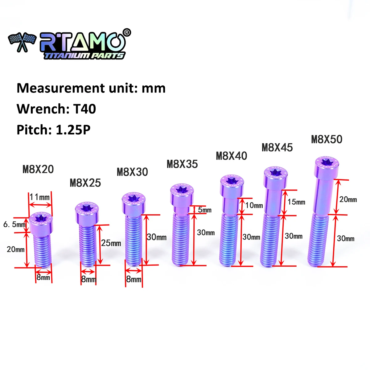 RTAMO Titanium Bolt M8X15/20/25/30/35/40/45/50 1.25Pitch Ti Fastener for Bike Motorcycle Car Rear Modified Screw (1piece)