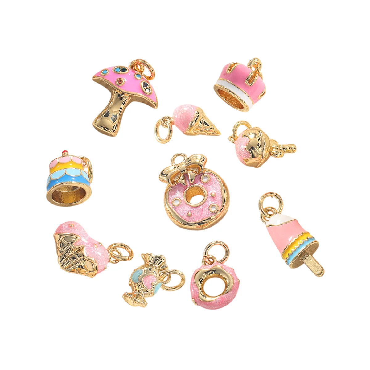 

3 Pcs Pink Enamel Mini Pendant Diy Jewelry Making Ice Cream Cake Mushroom Donut Crown Heart Candy Bracelet Necklace Accessories