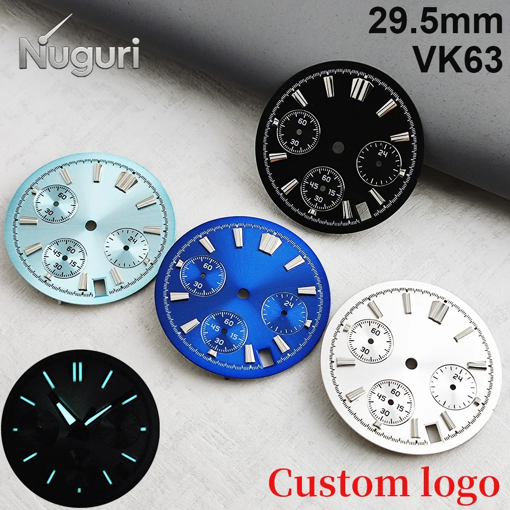 29.5mm Watch Dial VK63 Custom Logo Dial with Ice Blue Luminous BGW9 Effect VK63 Quartz Movement Accessories Dial Foot Nails 3.0