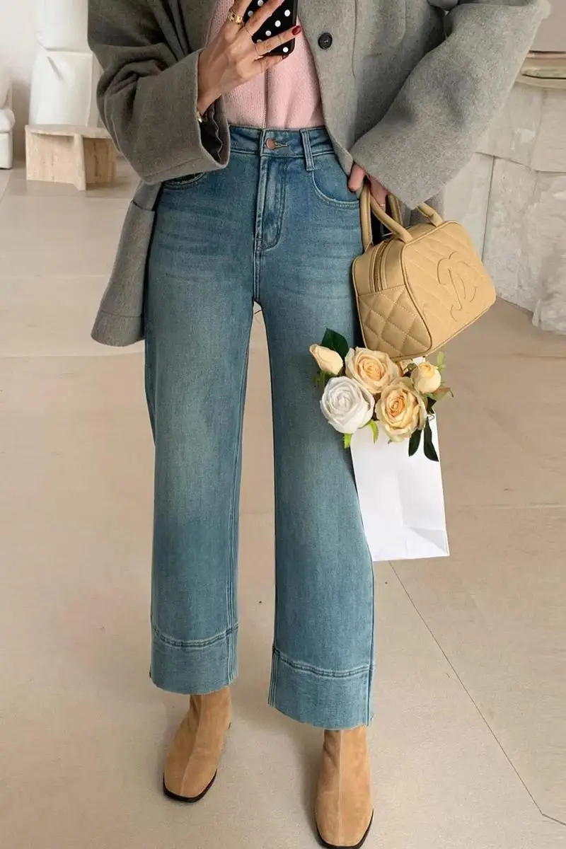 Korean style High-waisted retro jeans women's winter new velvet loose and thin fashion straight wide-leg nine-point pants