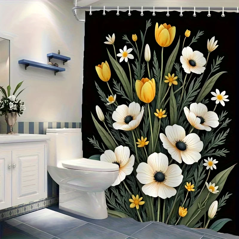 Vintage Floral Shower Curtain, White Poppy Yellow Tulip Print Waterproof Bathroom Decor, Dark Botanical Garden Style Home Bath