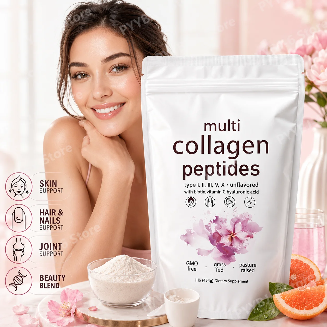 Multi Collagen Peptides Powder 454g Unflavored Collagen Blend with Vitamin C Biotin Hyaluronic Acid Skin Hair Nails Support
