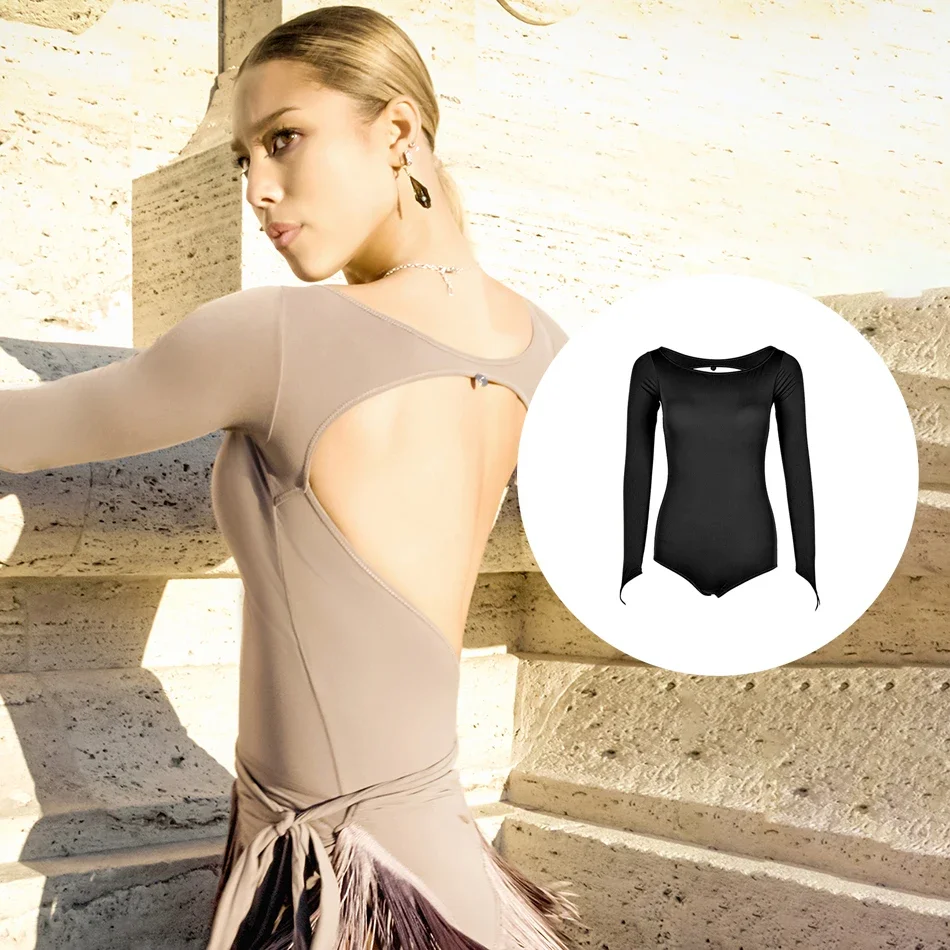 

Long Sleeve Back Cutouts O Neck Latin Dance Bodysuit Latin Dance Suit Line Dance Top Female Dance Suit Waltz Dress A79
