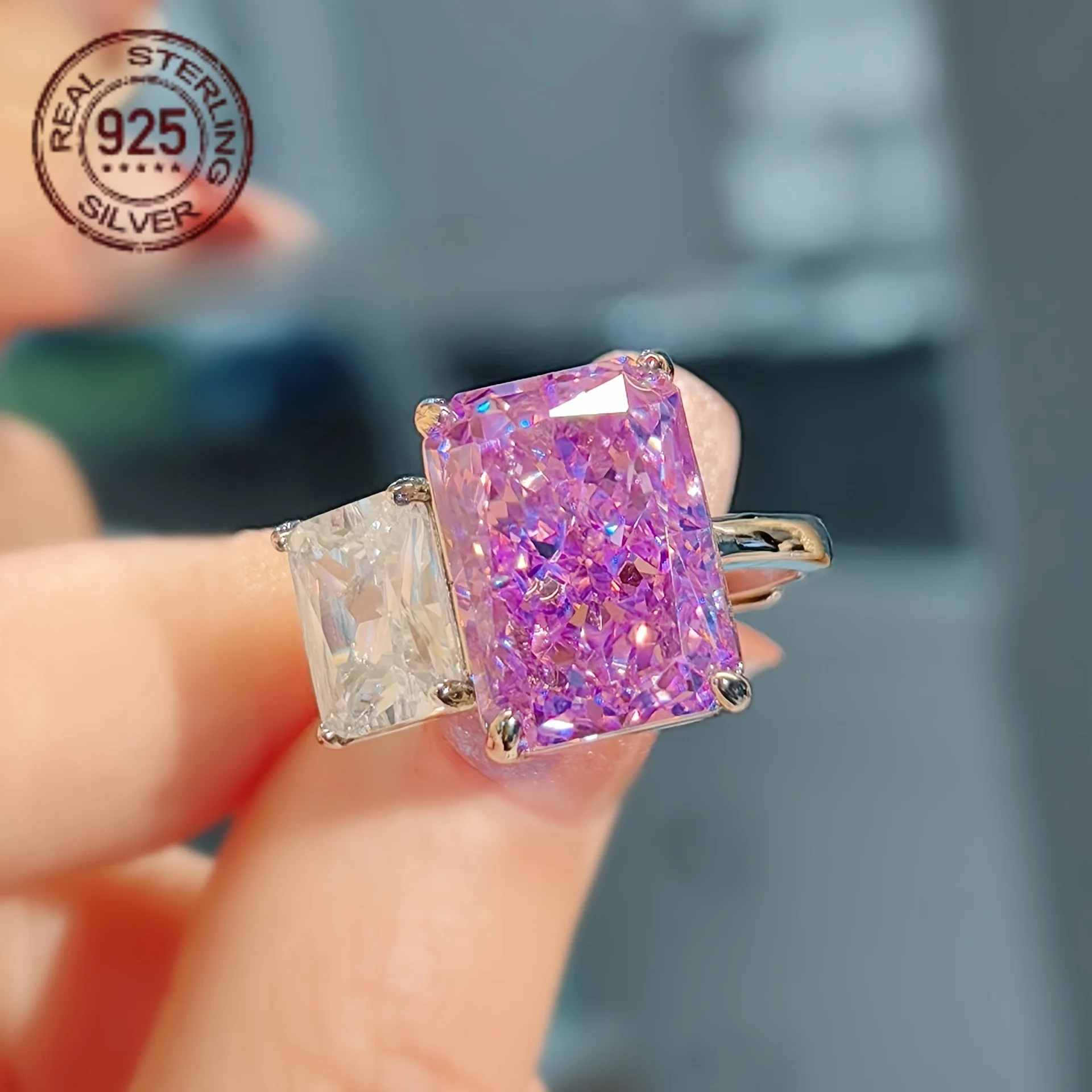 

New Trendy Double High Carbon Amethyst Zircon 925 Silver Ring for Women Wdding Engagement White Gold Plated Fine Jewelry