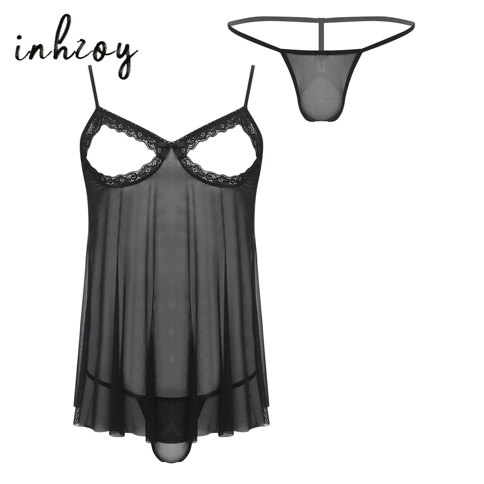 

Gay Mens Sexy Lingerie Sheer Lace Mesh Sissy Mini Night Dress with G-String Chemise Male Crossdress Nightwear Pj Set