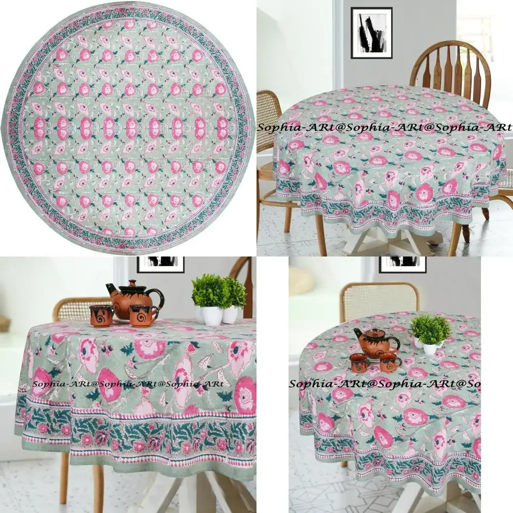 

Round 60 4 Seater Outdoor Cotton Block Printed Tablecloth for Patio, Camping, Holiday Party, Washable Indoor Kitchen Decor