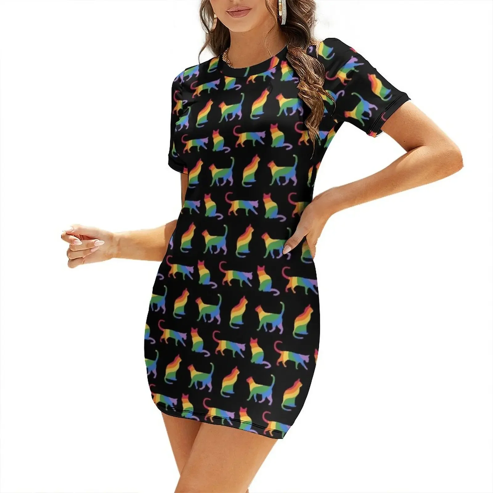 

Colorful Rainbow Striped Cat Silhouette Set Black Background Short-Sleeved Dress dresses for prom birthday dress