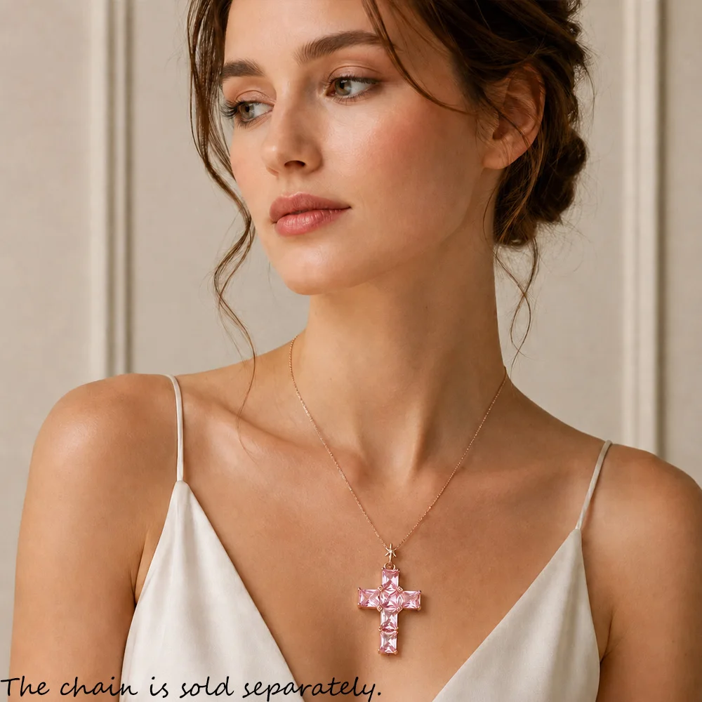 Pendant Cross With Pink Stones And Star Rose Gold Plated Brand New Fine Jewelry Europe 925 Sterling Silver Gift For Woman - view 2
