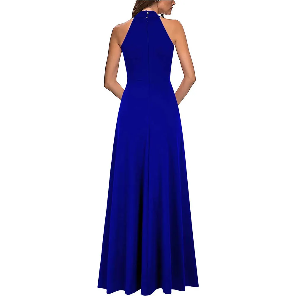 Customized Womens Bridesmaid Royal Blue Halter Neck Maxi Dress Flowy Ruffle Formal Gown For Bridal Shower Wedding Party Dresses