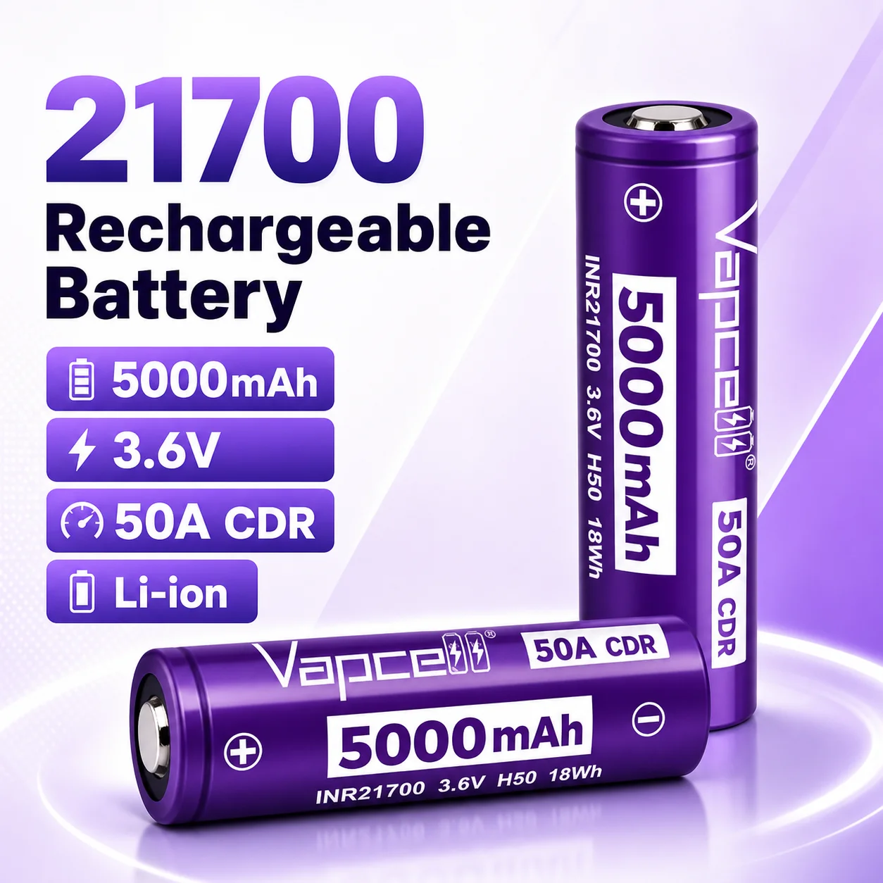 INR21700 Rechargeable Battery Cell 5000mAh Li-ion Battery for Flashlight and DIY Power Device Single Cell 21700