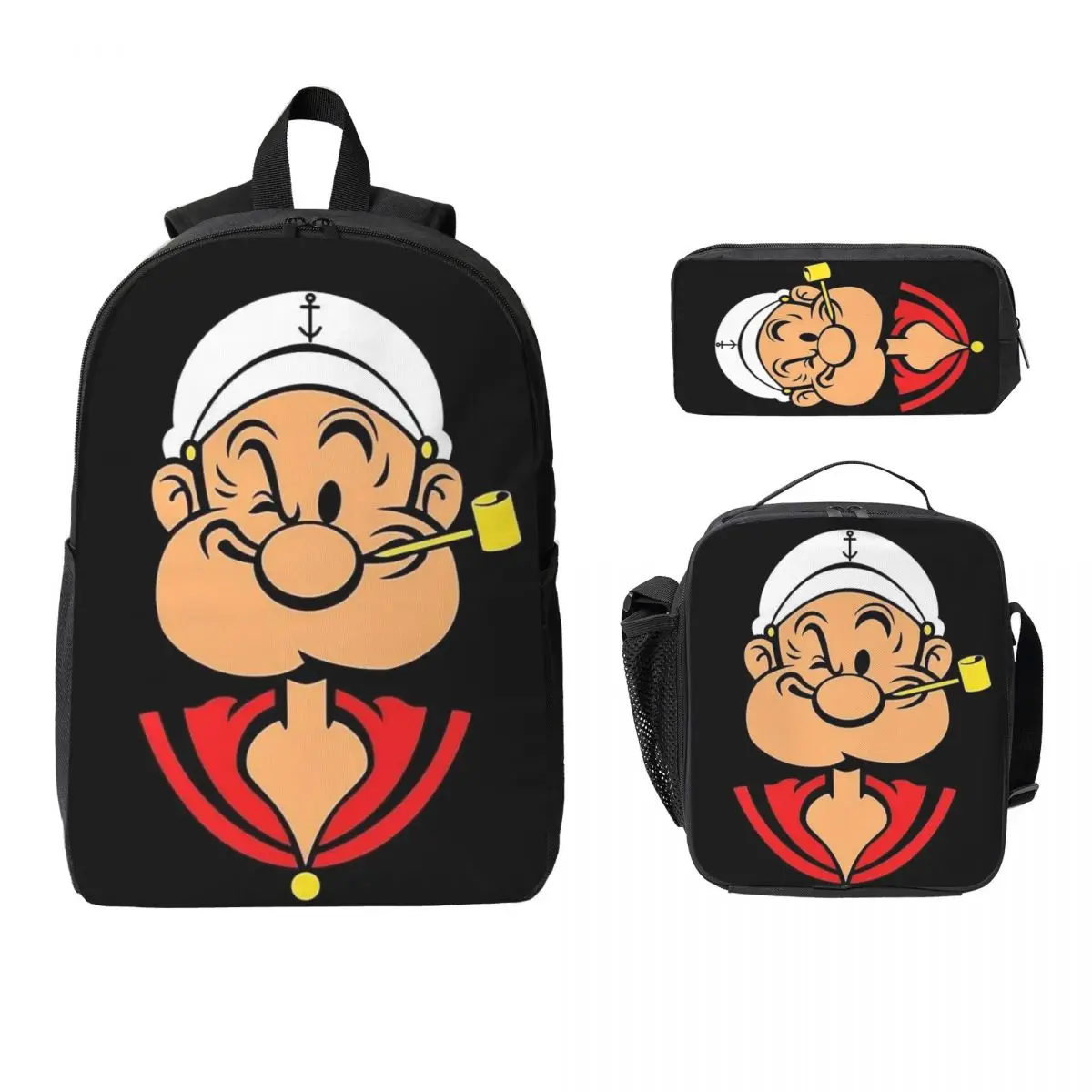 3Pcs P-popeyes Prints School bags Set for Girls Boys Pen Bags Backpack Sets with Lunch Box For School Students Daypack