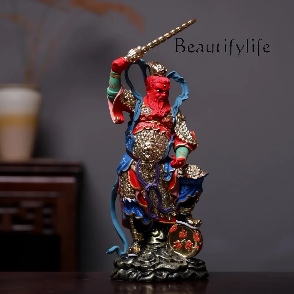 Wang Lingguan Statue Hand-Carved Hinoki Wood Three-Eyed Fire God Marshal, Painted Taoist Guardian Deity for Home Worship