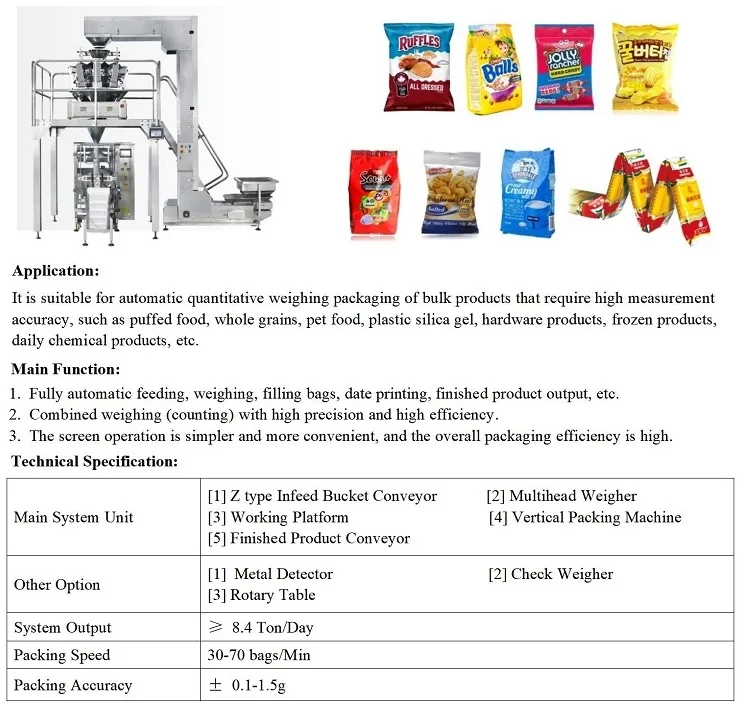 Fully Automatic VFFS 100g 200g 400g Potato Chips Food Multi-function Packaging Machines with 10/14 Heads Multihead Weigher