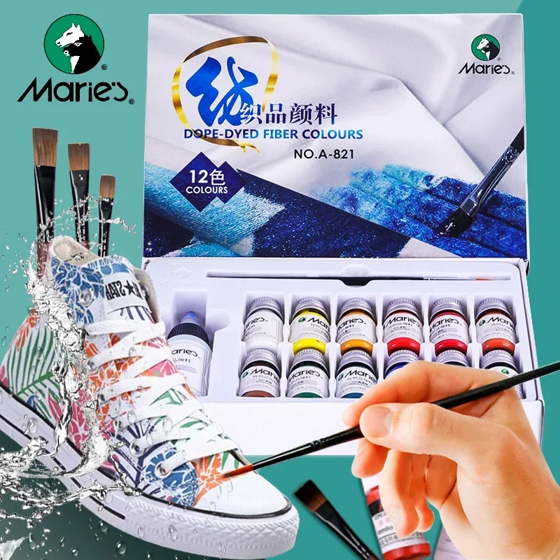 Marie’s Dope-Dyed Waterproof Fiber Fabric Paint Set 12/36 Colors Permanent 10ml/Tube Textile Acrylic Paints for Clothes Canvas