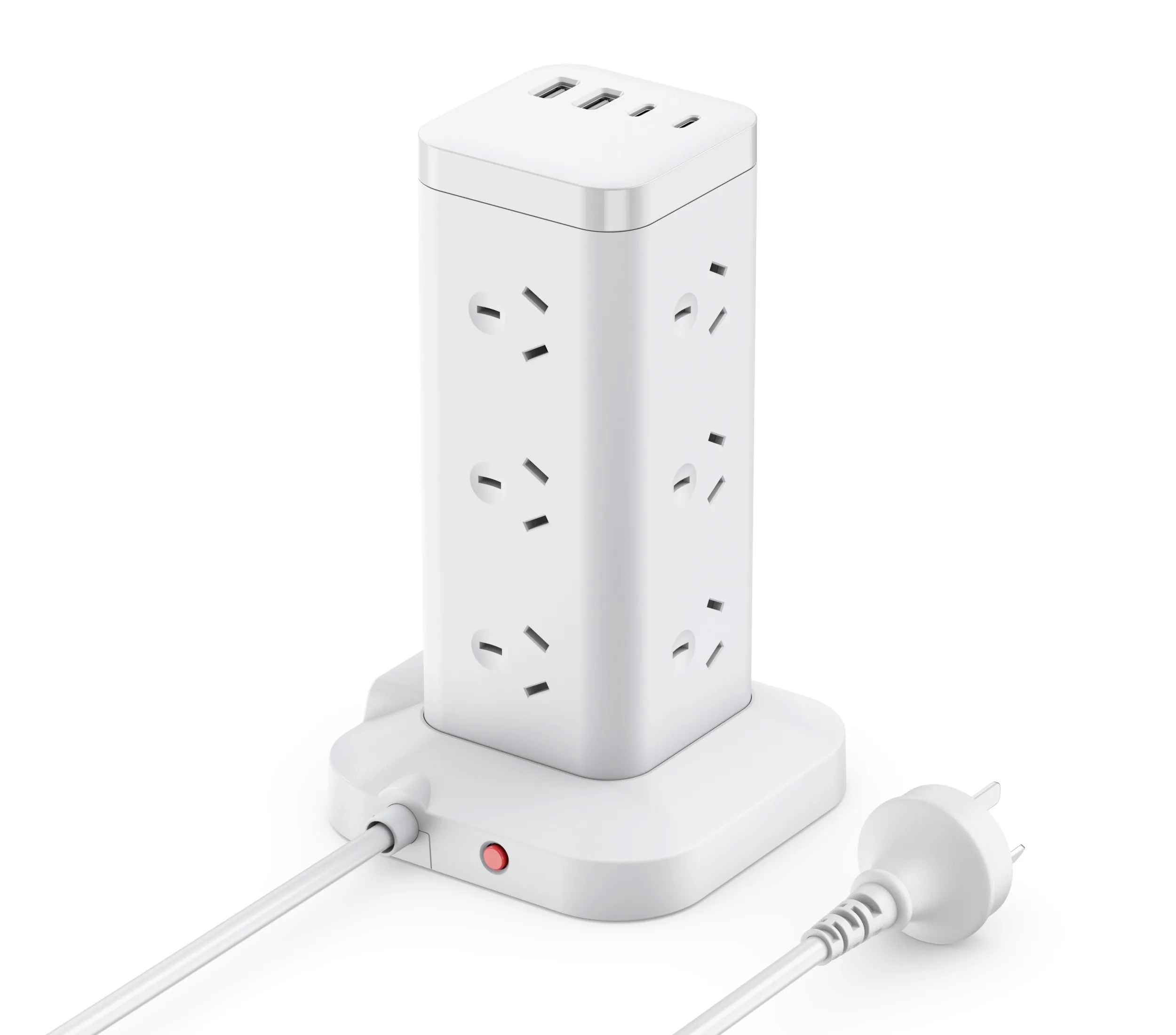12-ways Tower Power Socket Surge Protection with 2 USB-A 2 USB-C charging, 2m Extension Cord, AU Plug Outlet Power strip