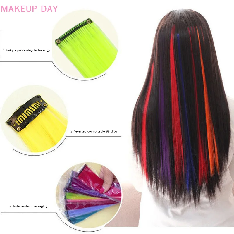 Straight Colored Clip In One Piece Hair Extensions Rainbow Color Synthetic Girls Fake False Clip On Hair Pieces