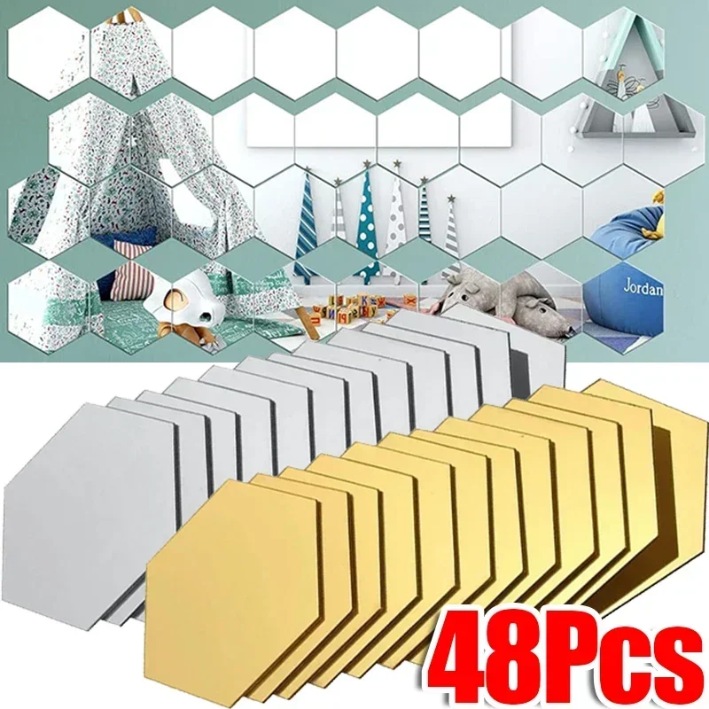 48/6PCS 3D Hexagon Acrylic Mirror Wall Sticker Home Decor DIY Removable Hexagonal Decorative Mirror Decal Art Ornaments For Home