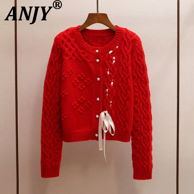 ANJY 2026 Spring New Women Fashion Fresh High-End Lace-Up Design Unique Knit Cardigan Versatile Office Lady Chic Ins Tops A18346