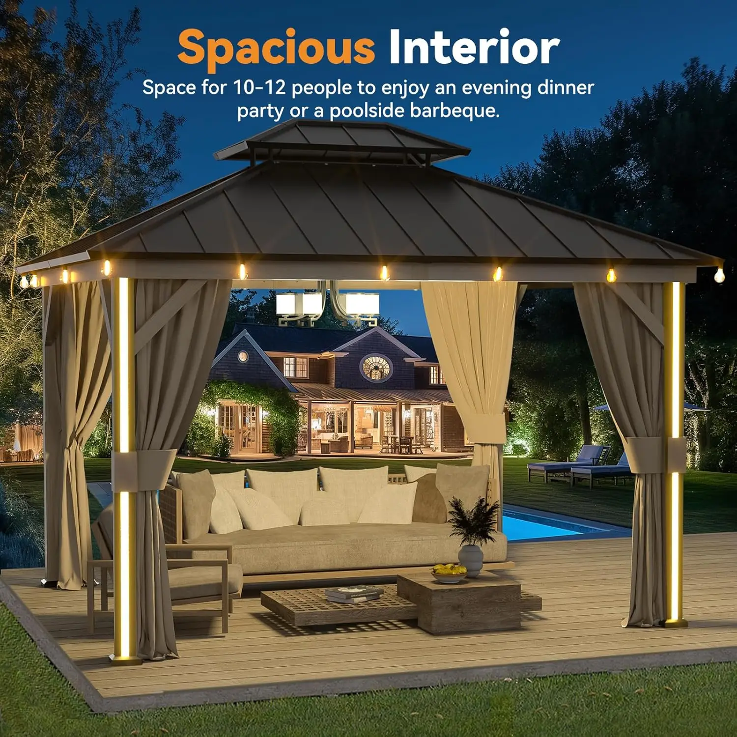 

Modern Hardtop Gazebo 10'x12' with 4 Lights Galvanized Steel Double Roof USB & USB-C Netting Curtains Wood Look Customizable Out