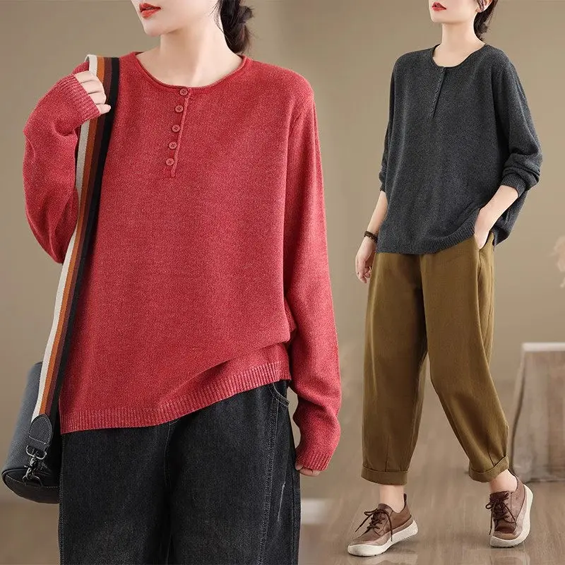 2024 Autumn Winter Simple Round Neck Pullover Knitted T-Shirt Loose Solid Color Long Sleeved Base Top For Women Sweater k2499