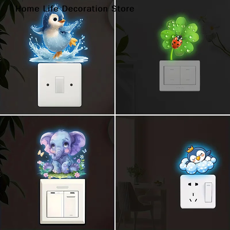 【TG】Penguins & Elephants Glow-in-the-Dark Switch Stickers Self-Adhesive Removable Wall Decals for Switches & Outlets