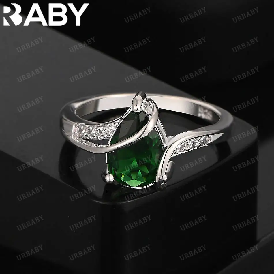 URBABY 925 Sterling Silver Green Zircon Ring For Women Fashion Jewelry Vintage Grace Charm Noble Party Birthday Gifts