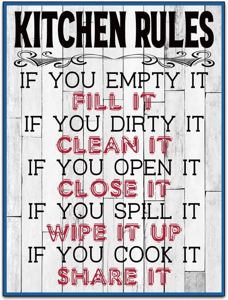Kitchen Rules - Funny Retro Classic Art Wall Decoration - Kitchen Tin ​Metal Signs Artwork - Original Vintage Design Tin Metal W