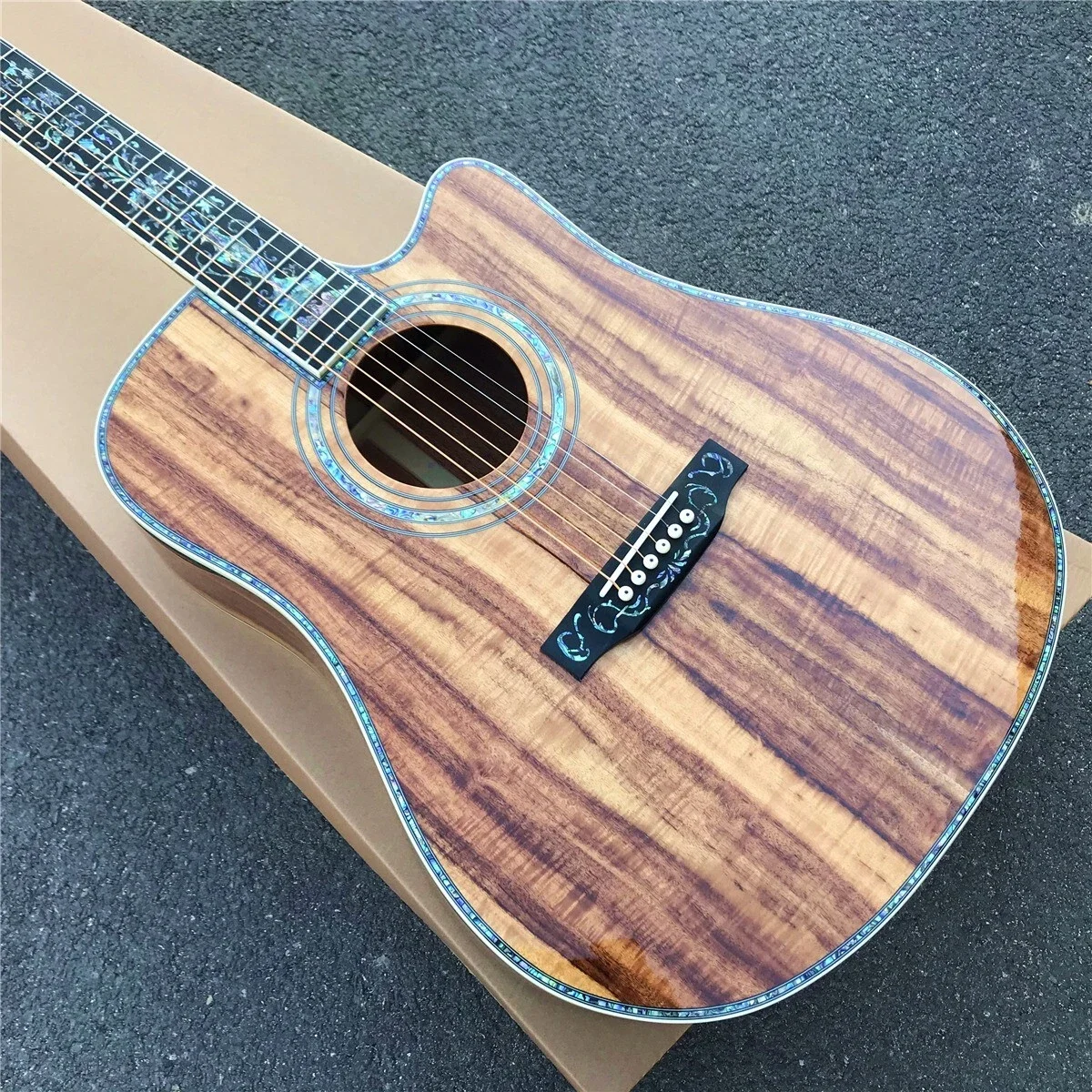Mega Sale Brown D-45 Acoustic Guitar KOA Top Cut Corner Design Ebony Large Vase Inlaid Fingerboard Suitable for Live Music Festival Performance