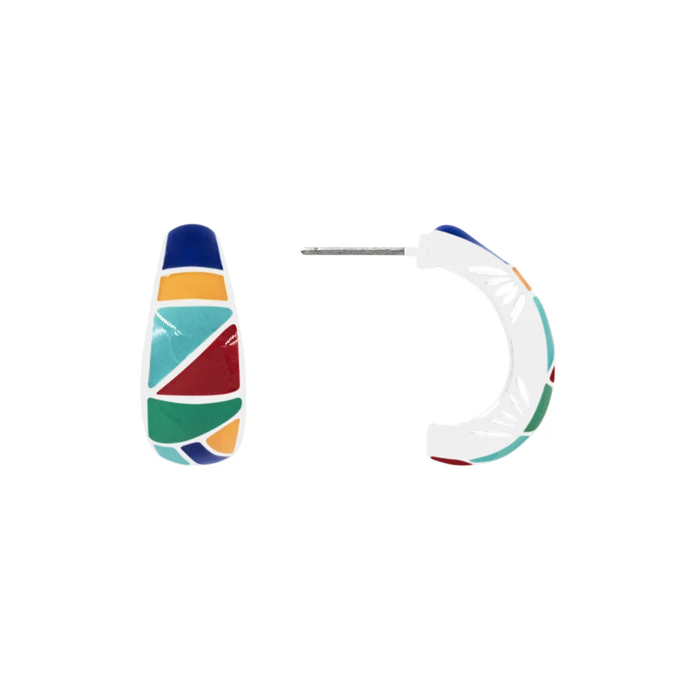 Bohemia Silver Plating Blue Yellow Red Geometric Triangle Pattern Half Circled Hoop Earrings For Women Girl Vintage Jewelry