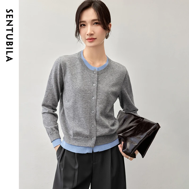 

SENTUBILA Spliced Wool Cardigan for Women 2024 Winter Casual Crew Collar Long Sleeve 2 in 1 Knit Tops Female Clothing W43H56259