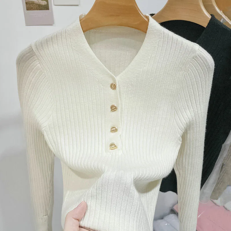 

Sweaters Knitted Sweater Women Pullovers Fashion White Long Sleeve Knit Sweater Pullover Women Tops V-Neck Women Clothing Q3978