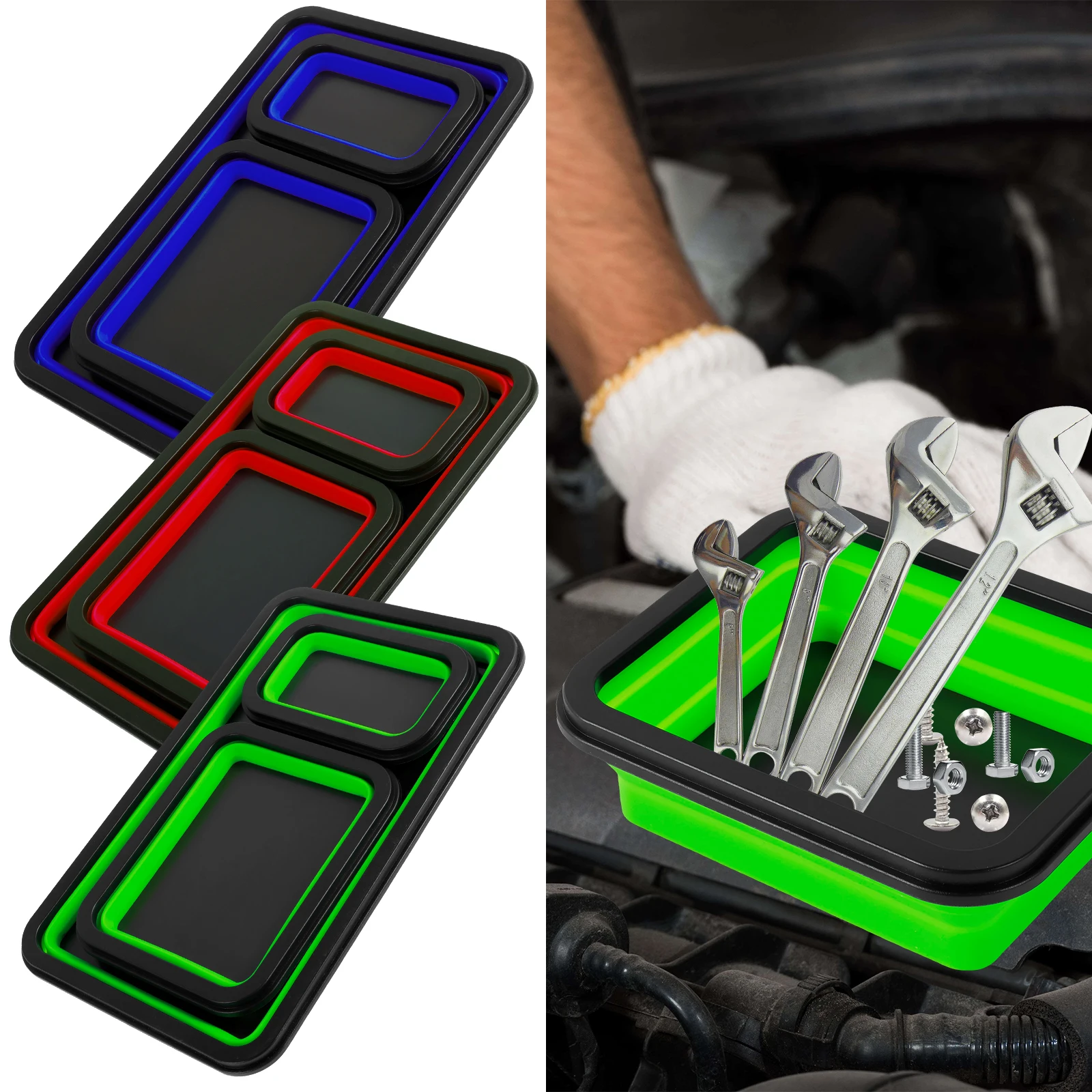 3Pcs Collapsible Magnetic Screw Tray Silicone Screw Bowl Tool Part Storage Box Plumber Carpenters Tool Organizer Magnetic Tray