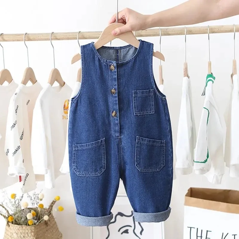 

Spring Autumn Pure Cotton Children's Denim Overalls Boys' Girls' Blue Denim Overalls Casual Baby Jumpsuits Round Neck Rompers