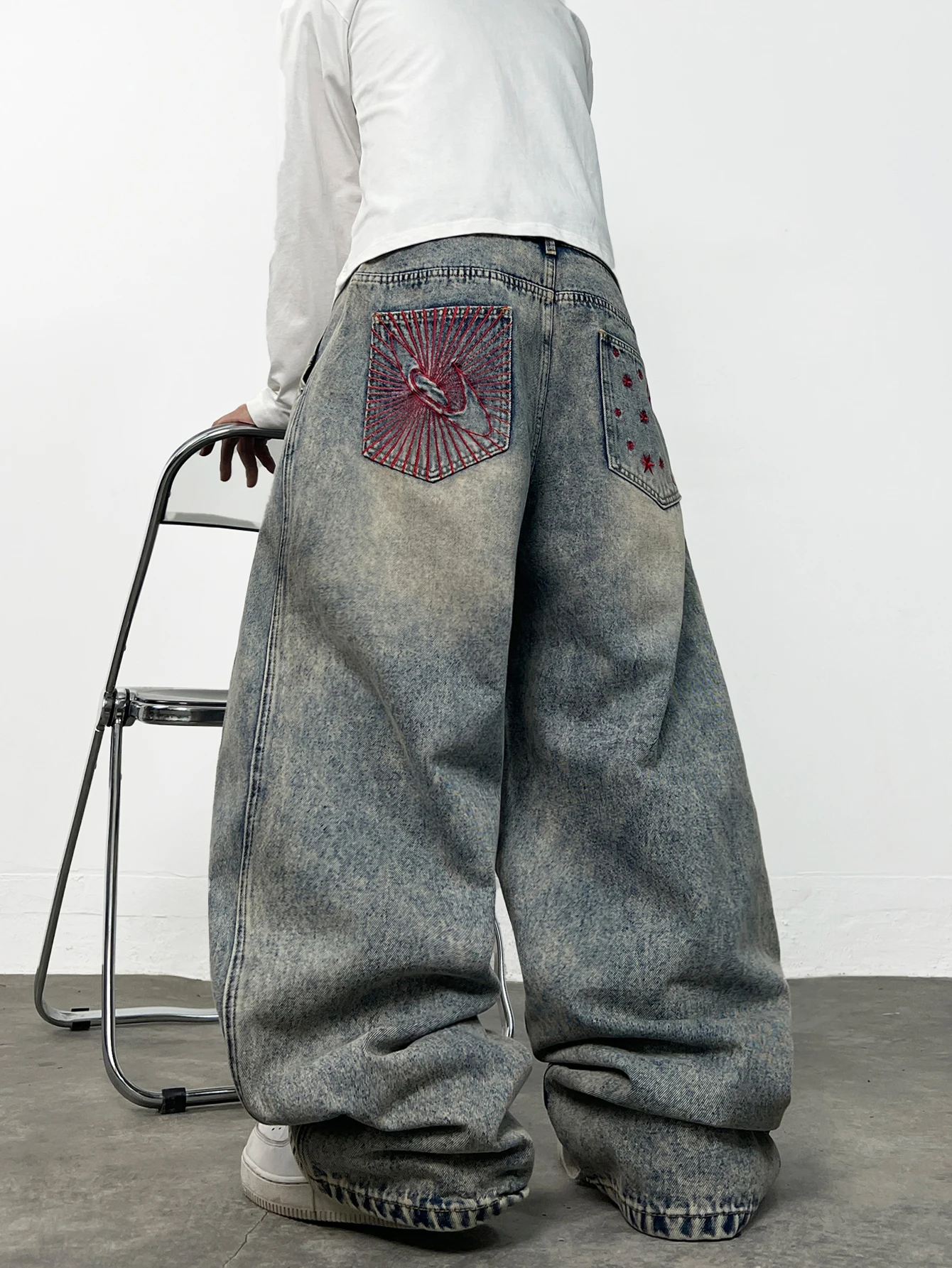 High Street Retro Pocket Embroidered Washed Baggy Jeans  Men Y2K Street Fashion Versatile Pants Available in Multiple Colors