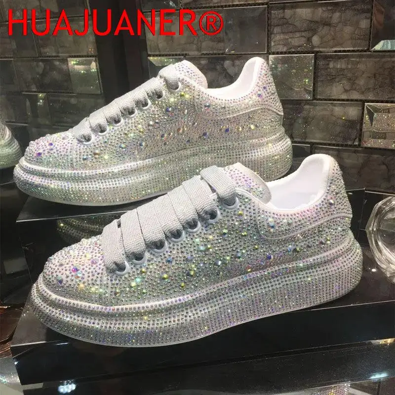 New Brand Women Fashion Casual Glitter Sparkling Sneakers Women Encrusted Lace Up Shoes White Sole Fashion Street Sneakers Shiny