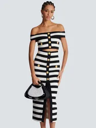 Women Celebrity Sexy Off Shoulder Striped Button Black White Bandage Skirt Set 2024 Knitted Elegant Evening Club Party Clothing