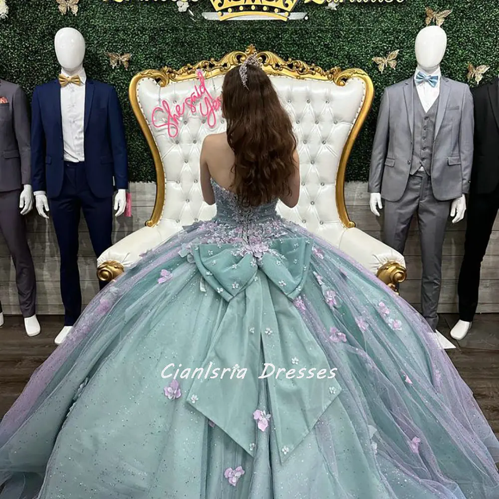 Hortelã verde querida arco bola vestido quinceanera vestidos rosa flores apliques lantejoulas corset vestidos de xv anos