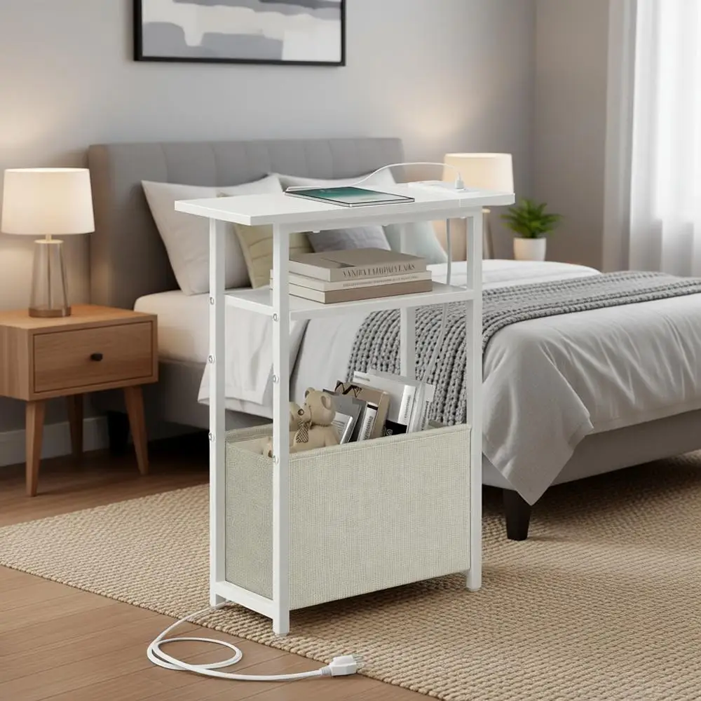 

Narrow Side Table with Charging Station, Small End Table for Small Spaces, Skinny Nightstands with Storage Basket, 3 Tier Sofa S